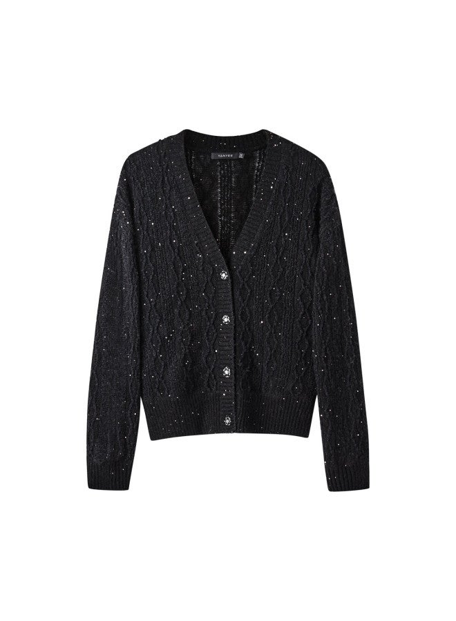 Yanyee Women's Early Autumn Fashion Elegant Subtle Sparkle Long Sleeve V-neck Wool Knit Sweater Gray M/38 - Image 4