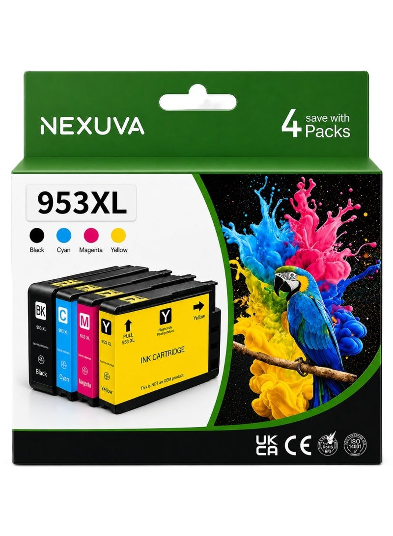 نيكسوفا خراطيش حبر NEXUVA 953XL/954X/955XL متعددة الألوان متوافقة مع طابعات HP OfficeJet Pro 7740 و8218 و8710 و8715 و8718 و8719 و8720 و8725 و8730 و8740، أسود وسماوي وأرجواني وأصفر - Image 1