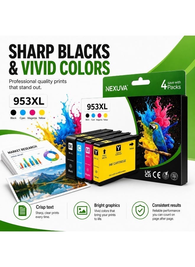 نيكسوفا خراطيش حبر NEXUVA 953XL/954X/955XL متعددة الألوان متوافقة مع طابعات HP OfficeJet Pro 7740 و8218 و8710 و8715 و8718 و8719 و8720 و8725 و8730 و8740، أسود وسماوي وأرجواني وأصفر - Image 3