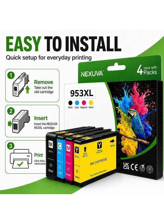 نيكسوفا خراطيش حبر NEXUVA 953XL/954X/955XL متعددة الألوان متوافقة مع طابعات HP OfficeJet Pro 7740 و8218 و8710 و8715 و8718 و8719 و8720 و8725 و8730 و8740، أسود وسماوي وأرجواني وأصفر - Image 4