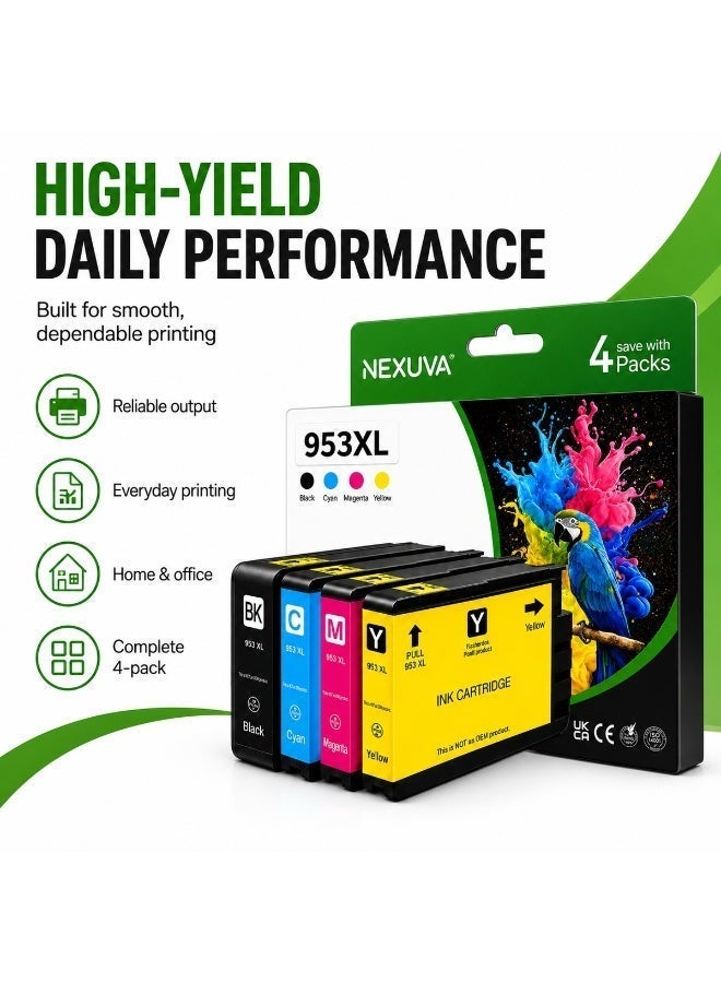 نيكسوفا خراطيش حبر NEXUVA 953XL/954X/955XL متعددة الألوان متوافقة مع طابعات HP OfficeJet Pro 7740 و8218 و8710 و8715 و8718 و8719 و8720 و8725 و8730 و8740، أسود وسماوي وأرجواني وأصفر - Image 2