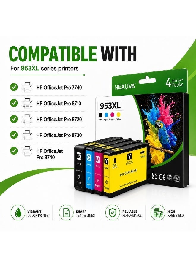 نيكسوفا خراطيش حبر NEXUVA 953XL/954X/955XL متعددة الألوان متوافقة مع طابعات HP OfficeJet Pro 7740 و8218 و8710 و8715 و8718 و8719 و8720 و8725 و8730 و8740، أسود وسماوي وأرجواني وأصفر - Image 5