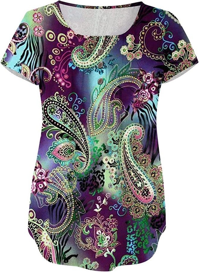 YUGYUJ Womens Tops Hide Belly Tunic Summer Short Sleeve T Shirts Flowy Henley Tshirt Casual Dressy Blouses for Leggings - Image 3