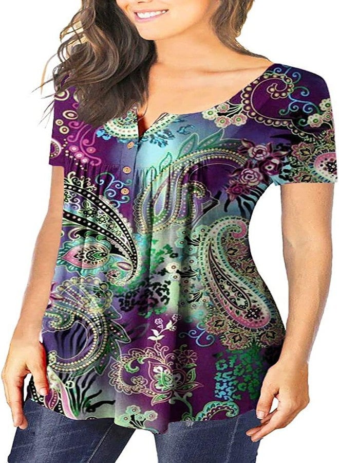 YUGYUJ Womens Tops Hide Belly Tunic Summer Short Sleeve T Shirts Flowy Henley Tshirt Casual Dressy Blouses for Leggings - Image 2
