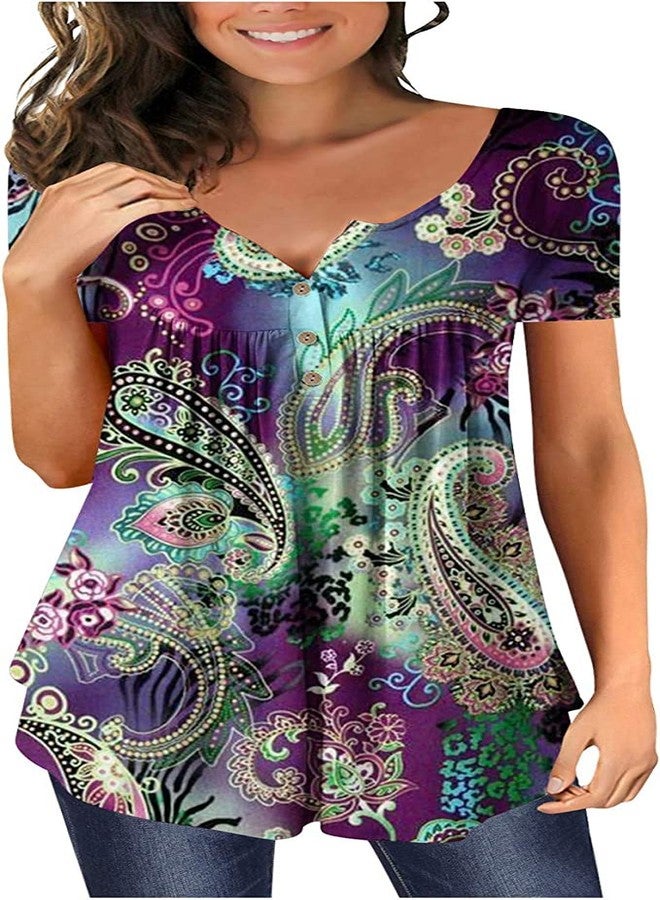 YUGYUJ Womens Tops Hide Belly Tunic Summer Short Sleeve T Shirts Flowy Henley Tshirt Casual Dressy Blouses for Leggings - Image 1