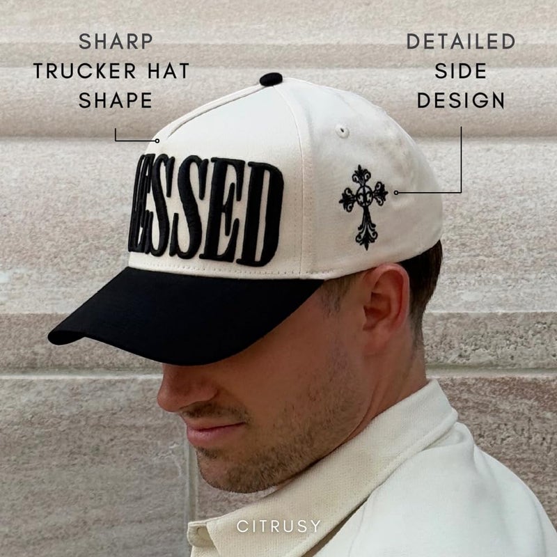 CITRUSY Vintage Faith & Forever Trucker Hat | Men & Women | Christian Cross God YHWH I Love Jesus Hats | Bride Bachelorette Engagement Wedding Cowboy Hat | Cotton | Snapback (Blessed | Black) - Image 5