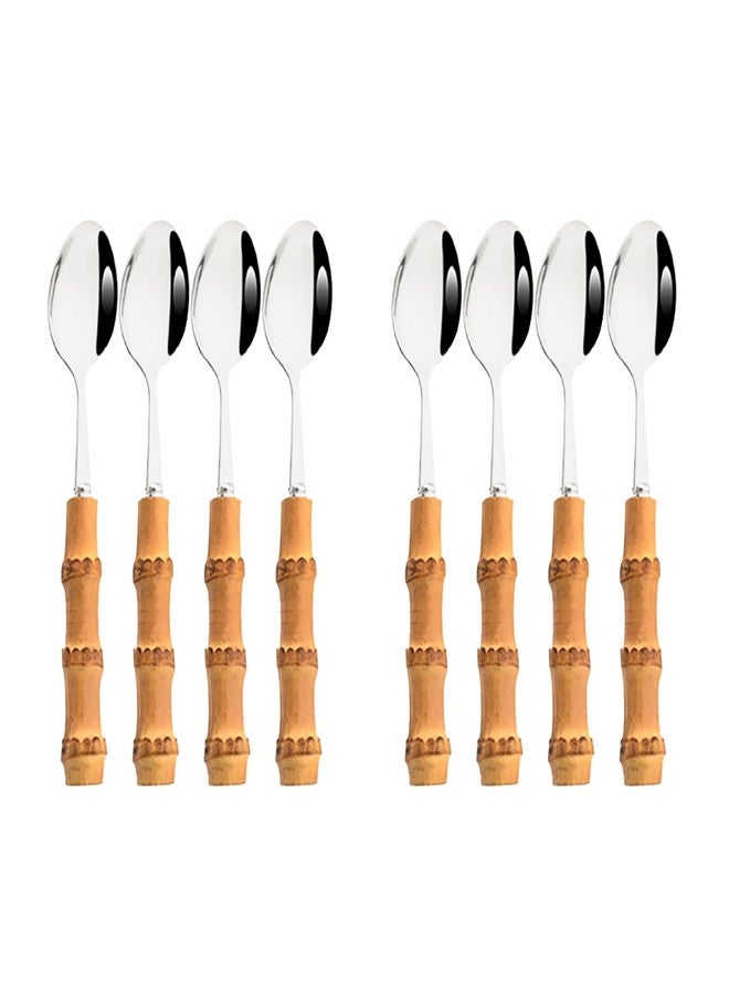 Snplowum 8pcs Silver Teaspoon, Stirring Spoon Bamboo Handle Ice Cream Spoon, Coffee Tea Spoon Set, Food Grade 18/10 Stainless Steel Tablespoons, 6.3-inch - Image 1