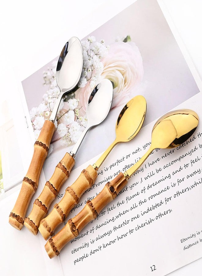 Snplowum 8pcs Silver Teaspoon, Stirring Spoon Bamboo Handle Ice Cream Spoon, Coffee Tea Spoon Set, Food Grade 18/10 Stainless Steel Tablespoons, 6.3-inch - Image 3