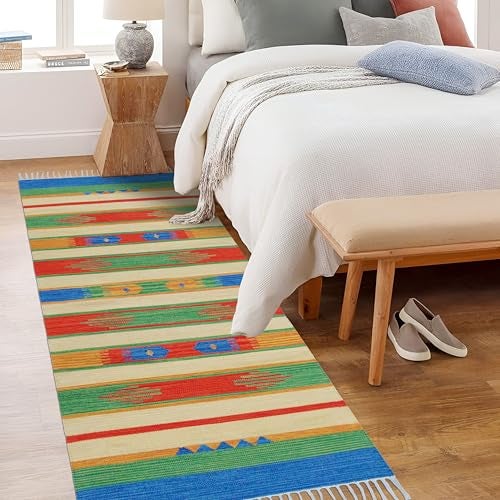 MDZ® Hand Woven Cotton Traditional Tie Dye Kilim Rug Runner, Color: Vintage Multi, Size: 2'-8" x6'-8" Feet or 32"x80" Inch or 80x200 cm, for Entrance, Bedroom, Living & Dining Room | Machine Washable - Image 1