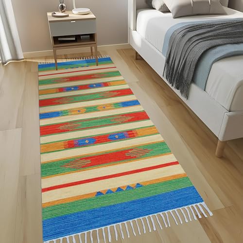 MDZ® Hand Woven Cotton Traditional Tie Dye Kilim Rug Runner, Color: Vintage Multi, Size: 2'-8" x6'-8" Feet or 32"x80" Inch or 80x200 cm, for Entrance, Bedroom, Living & Dining Room | Machine Washable - Image 2