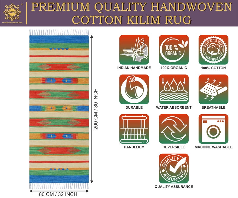 MDZ® Hand Woven Cotton Traditional Tie Dye Kilim Rug Runner, Color: Vintage Multi, Size: 2'-8" x6'-8" Feet or 32"x80" Inch or 80x200 cm, for Entrance, Bedroom, Living & Dining Room | Machine Washable - Image 3