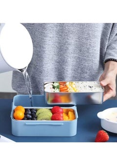 Brain Giggles BrainGiggles 2 Compartments Stainless Steel Lunch Box with Removable Inner Tray Leak Proof Bento Box for Kids Adults - Multifunctional Air Tight Food Container- Blue  - Image 3