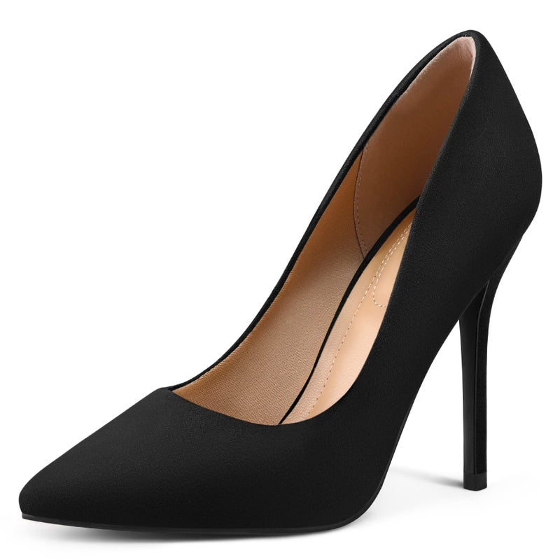 mysoft Women's High Heels Pumps Closed Pointed Toe Stiletto 4IN Heels Dress Wedding Shoes Black Suede - Image 1