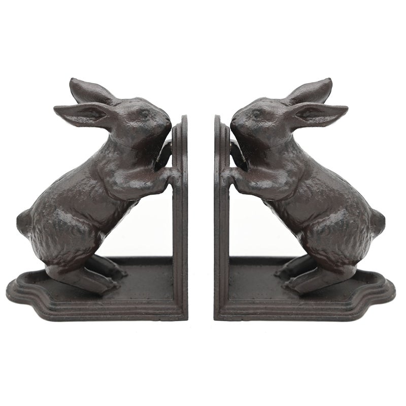 Remenna Rabbit Decorative Bookend  Heavy Duty Cast Iron Book Ends  Vintage Shelf Decor  Antique Brown - Image 2