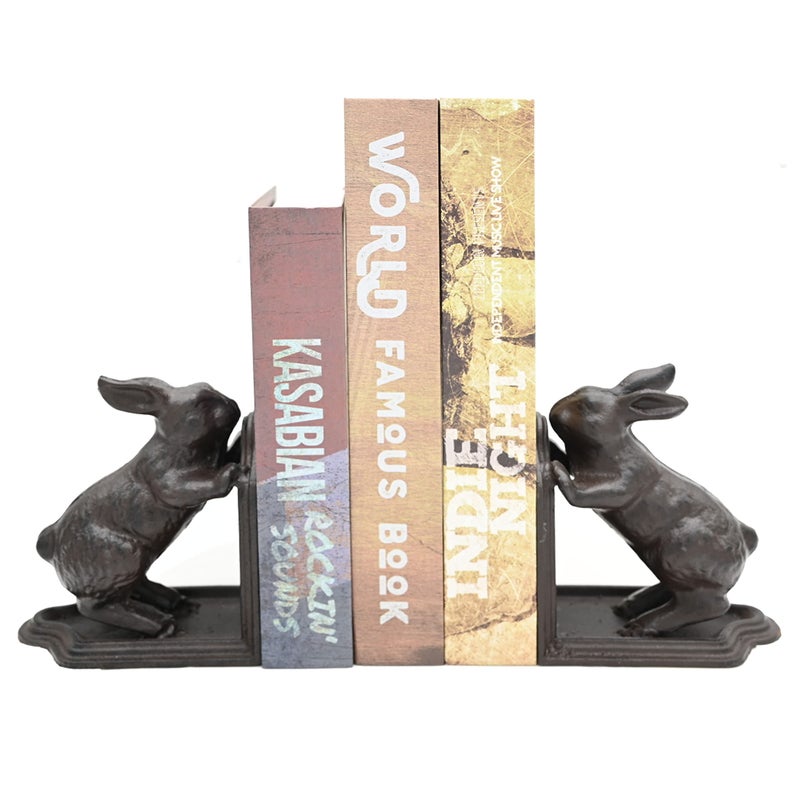 Remenna Rabbit Decorative Bookend  Heavy Duty Cast Iron Book Ends  Vintage Shelf Decor  Antique Brown - Image 1