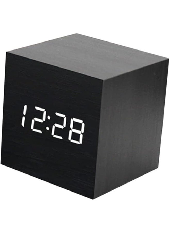 yongsheng Square Shape Digital LED Alarm Clock Black ， Wooden Alarm Clock - Mini Cube LED Digital Clock with Time/Date/Temperature Display, 3 Levels Brightness and Voice Control Great for Home Office Travel  - Image 3