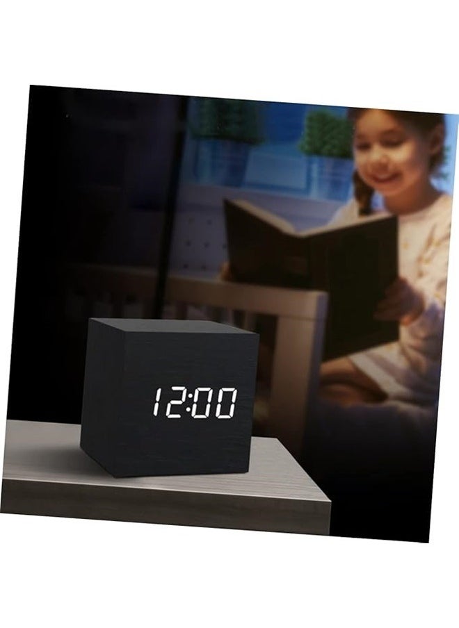 yongsheng Square Shape Digital LED Alarm Clock Black ， Wooden Alarm Clock - Mini Cube LED Digital Clock with Time/Date/Temperature Display, 3 Levels Brightness and Voice Control Great for Home Office Travel  - Image 4