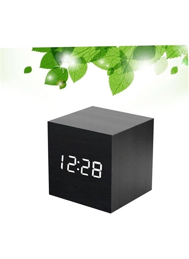 Square Shape Digital LED Alarm Clock Black ， Wooden Alarm Clock - Mini Cube LED Digital Clock with Time/Date/Temperature Display, 3 Levels Brightness and Voice Control Great for Home Office Travel