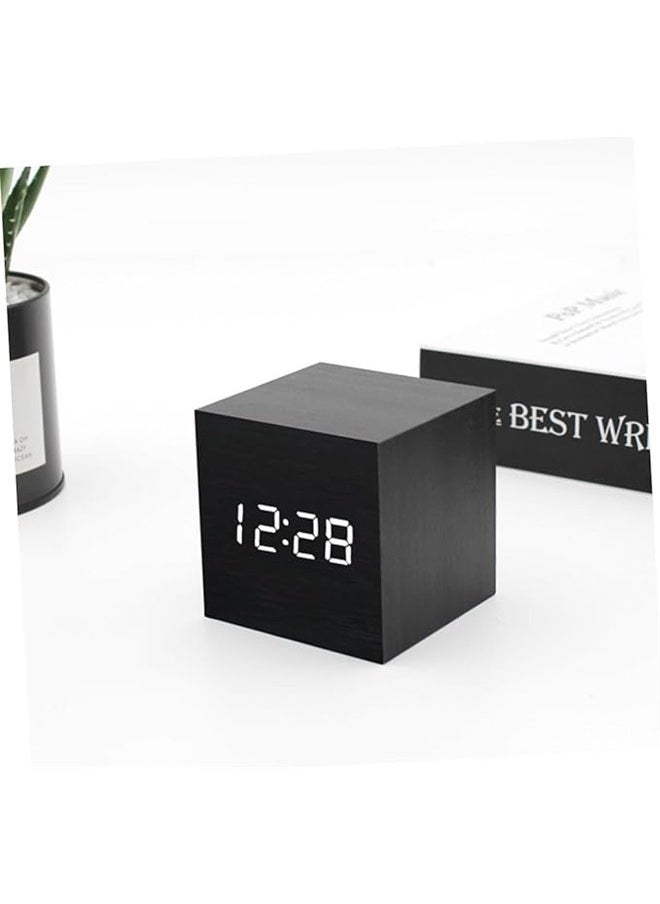 Square Shape Digital LED Alarm Clock Black ， Wooden Alarm Clock - Mini Cube LED Digital Clock with Time/Date/Temperature Display, 3 Levels Brightness and Voice Control Great for Home Office Travel