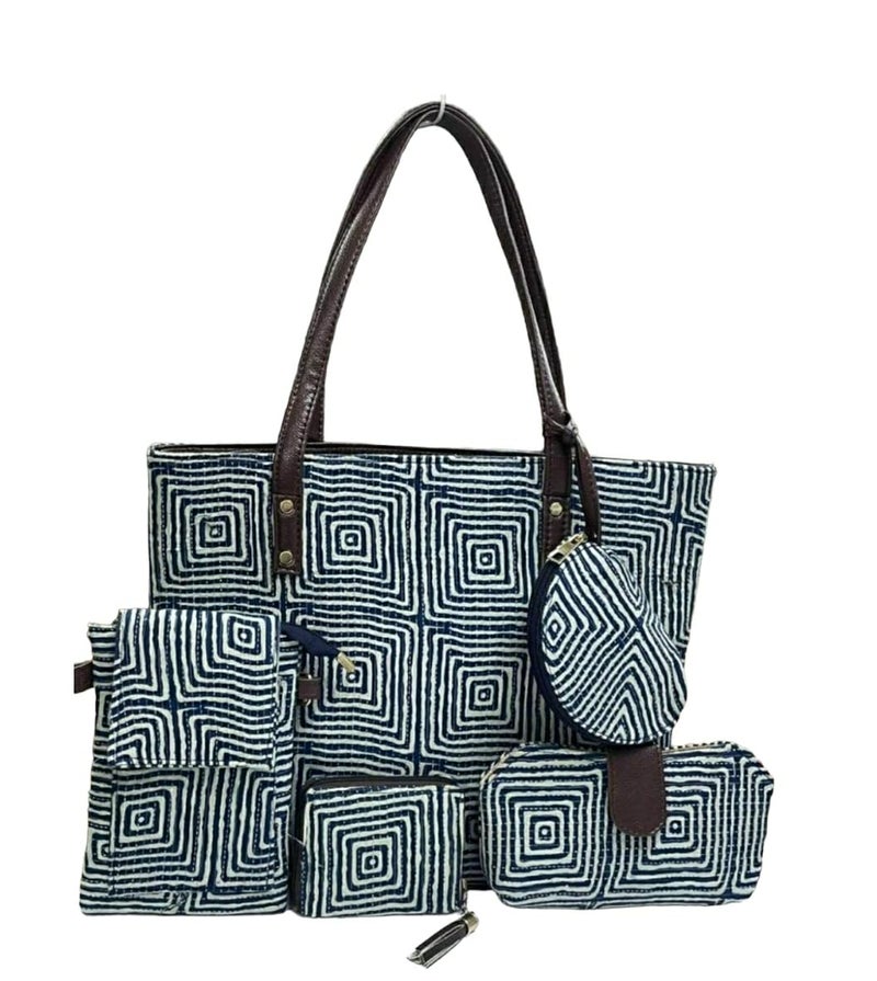 SHIVKARI Women's Ladies Traditional Ikkat Cotton 5 Pieces Combo Bag - Blue - Image 1