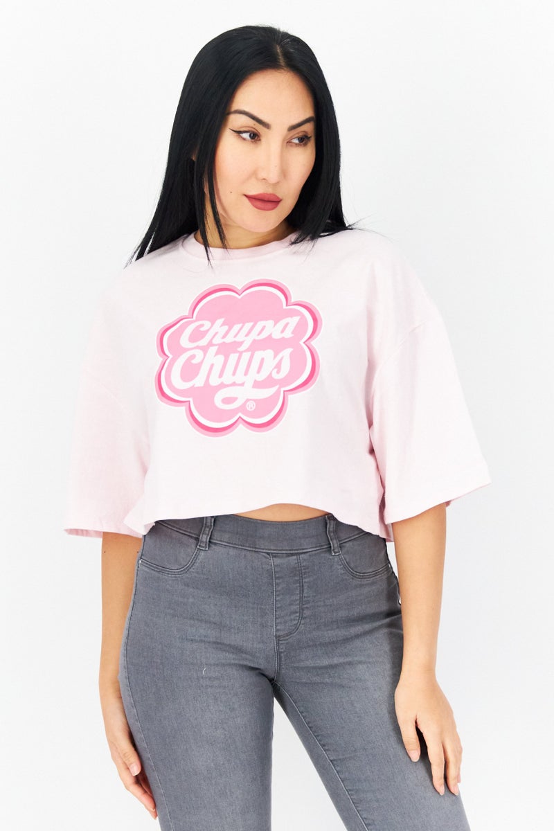 Don't Call Me Jennyfer Chupa Chups x DCMJ Women Crew Neck Short Sleeve Cropped Top, Pink - Image 1