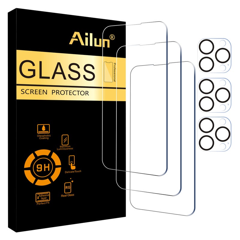 Ailun 3 Pack Screen Protector for iPhone 14 Pro [6.1 inch] + 3 Pack Camera Lens Protector,Sensor Protection,Dynamic Island Compatible,Case Friendly Tempered Glass Film,[9H Hardness] - HD - Image 1