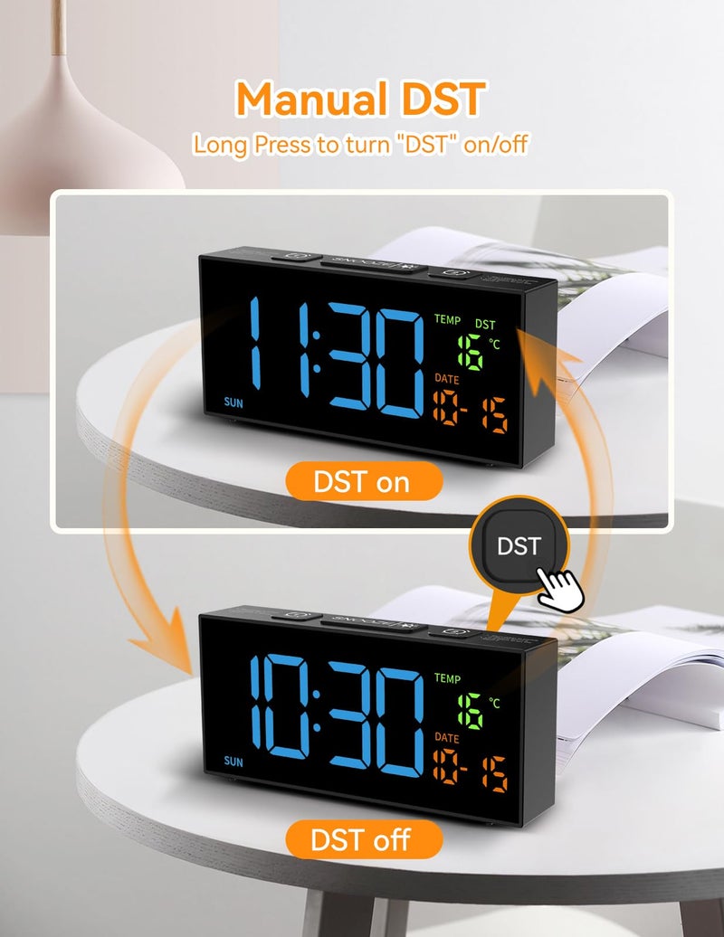 Netzu Alarm Clocks for Bedrooms  Digital Alarm Clock with Date Temperature and Weekday  Manual DST  Snooze  2 Alarms  4 Volumes Bedside Desk Clock for Living Room Home (Black and Blue) - Image 4