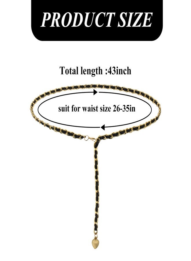 Feelorna Women’s Chain Belt, Adjustable Leather Waist Belt Ladies Fashion Layered Metal Belts for Dress Pants Jeans (Gold Black) - Image 2