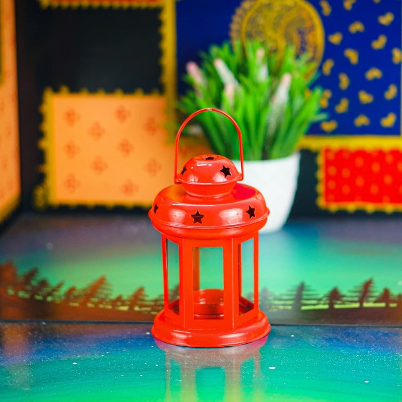 OGGN Hanging Metal Lantern Decorative Tealight Candle Holders Beautiful Antique Red Lantern Lamp TLight Holder for Home Decoration 10 X 10 X 14 Cm - Image 2