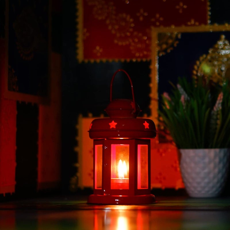 OGGN Hanging Metal Lantern Decorative Tealight Candle Holders Beautiful Antique Red Lantern Lamp TLight Holder for Home Decoration 10 X 10 X 14 Cm - Image 1