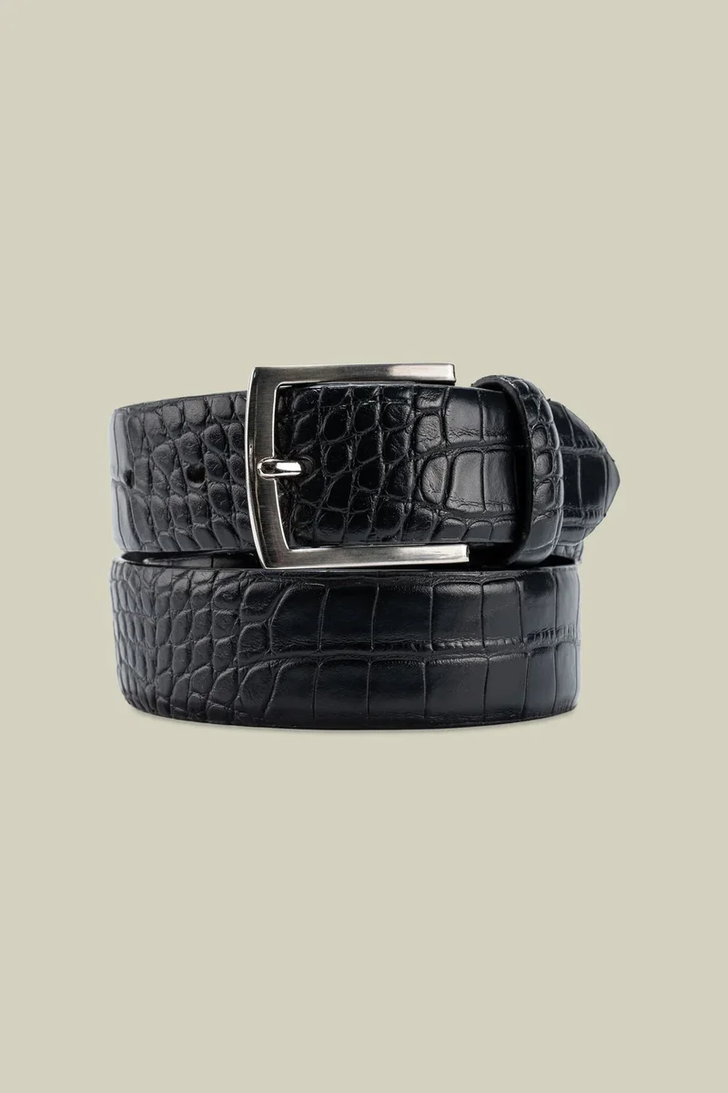 دوبل غانغر Men's faux leather belt with crocodile effect - Black
