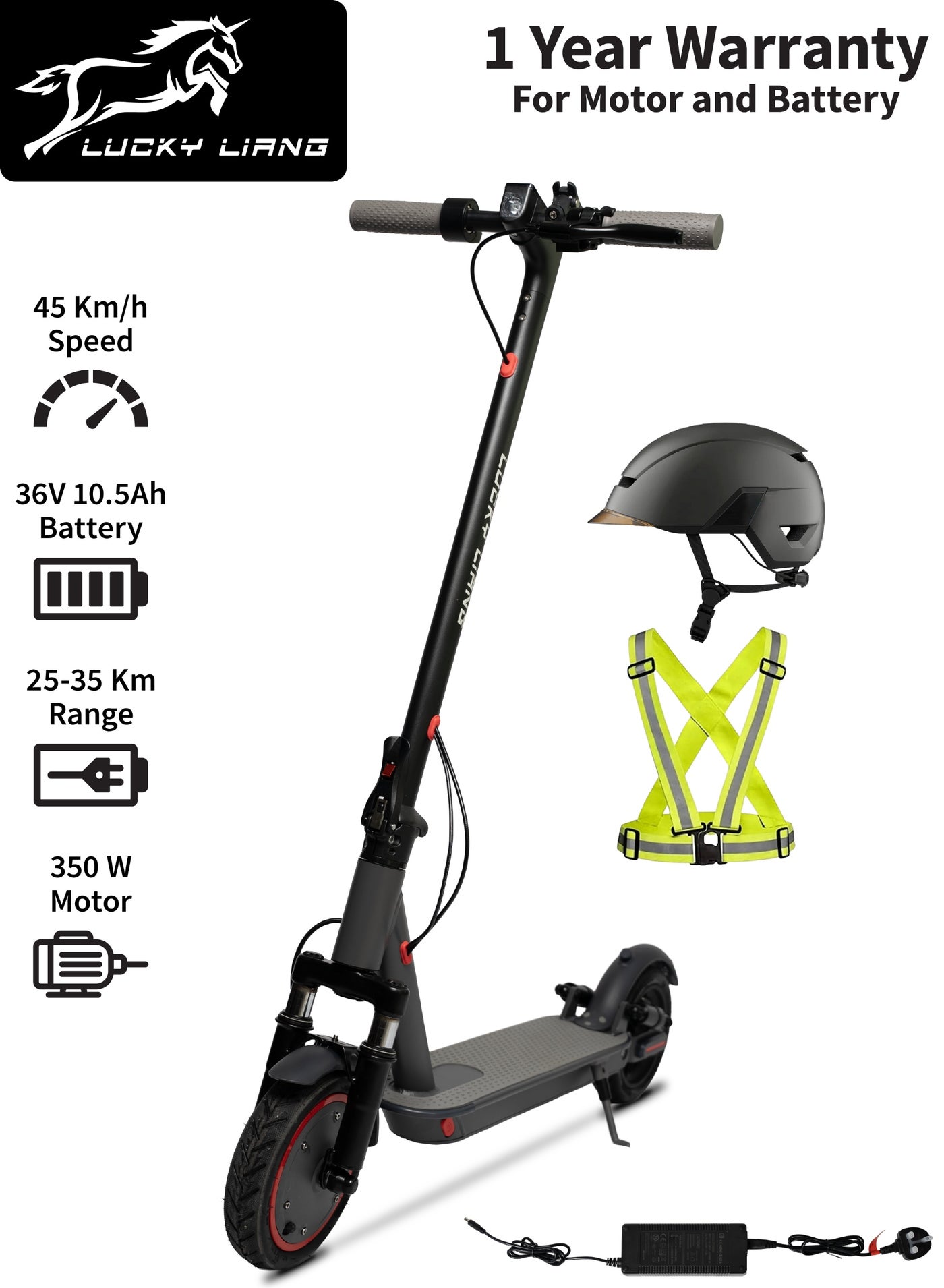 Lucky Liang L11 Pro Electric Scooter, 350W Motor, 36V 10.5Ah Battery, 45 km/h Fast Speed, 35 km Long Range, Foldable Lightweight Aluminium Frame with Rear Suspension – Includes Helmet & Safety Vest