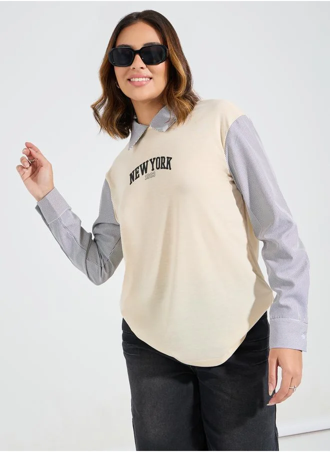 Styli Contrast Striped Sleeves Printed Top