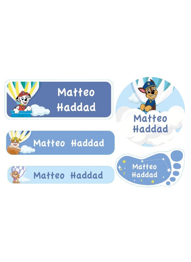 Essmak Paw Patrol Personalized Waterproof Name Labels for Kids – Set of 74 Custom Stickers for School Supplies, Lunch Boxes, Clothes and Toys  - Image 1