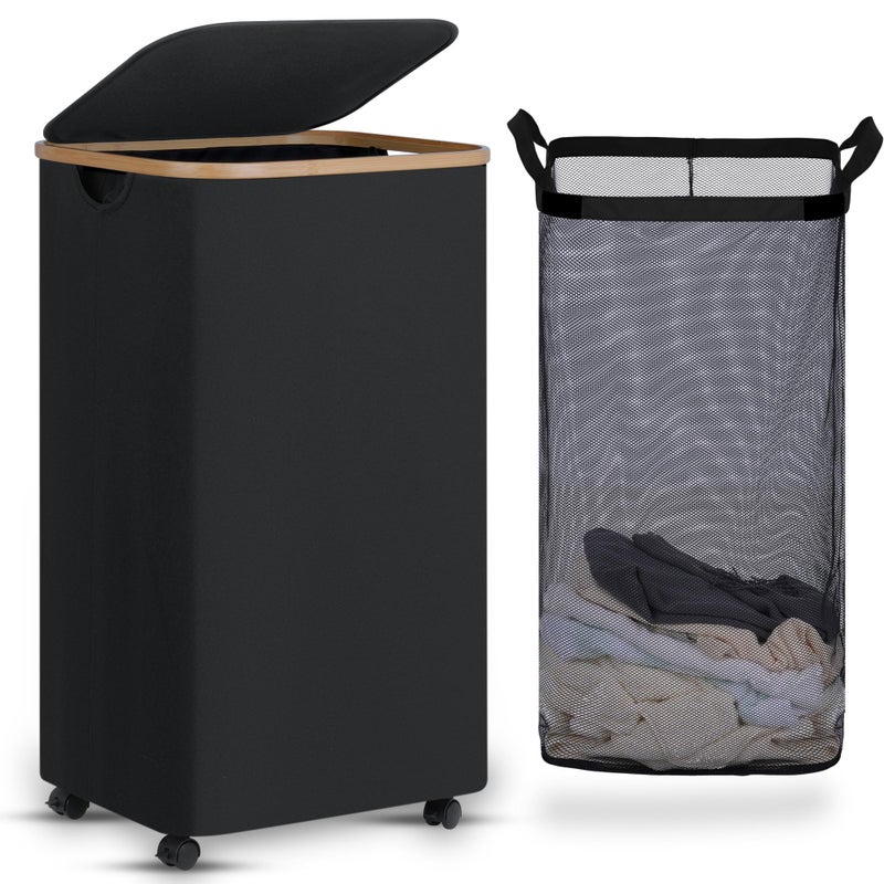 efluky Laundry Basket with Wheels, Tall Rolling Laundry Hamper with Lid and Removable Bag, Aesthetic Dirty Clothes Hamper on Wheels for Laundry Room, Bedroom, Dorm and Bathroom, 100L Black - Image 1