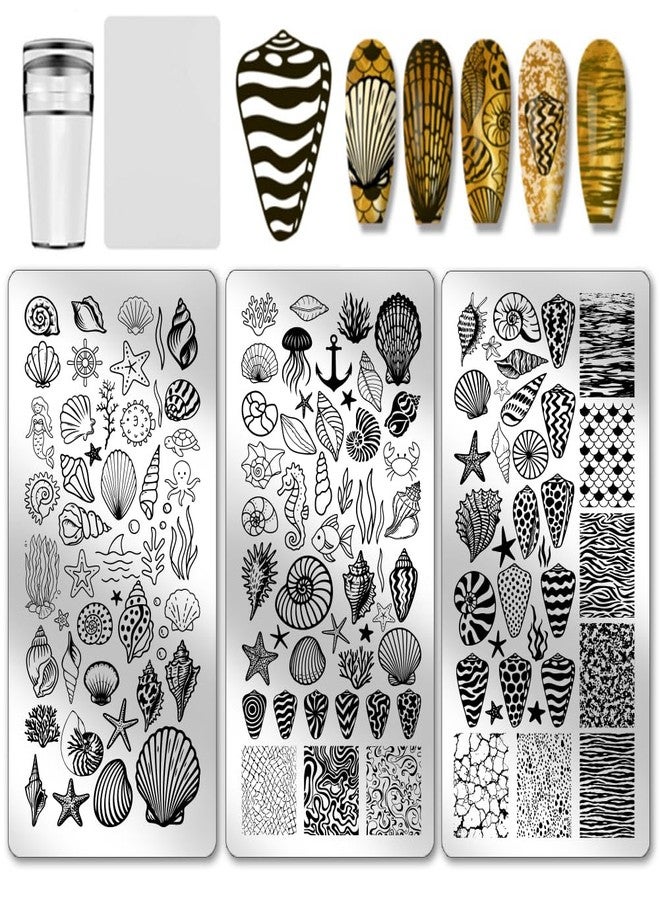 PH PandaHall 3pcs Seashell Nail Stamping Plates Sea Creature Nail Art Templates Ocean Beach Fish Starfish Nails Art Stencils with Stamper and Scraper for Summer Seaside Manicures Salon Design - Image 1