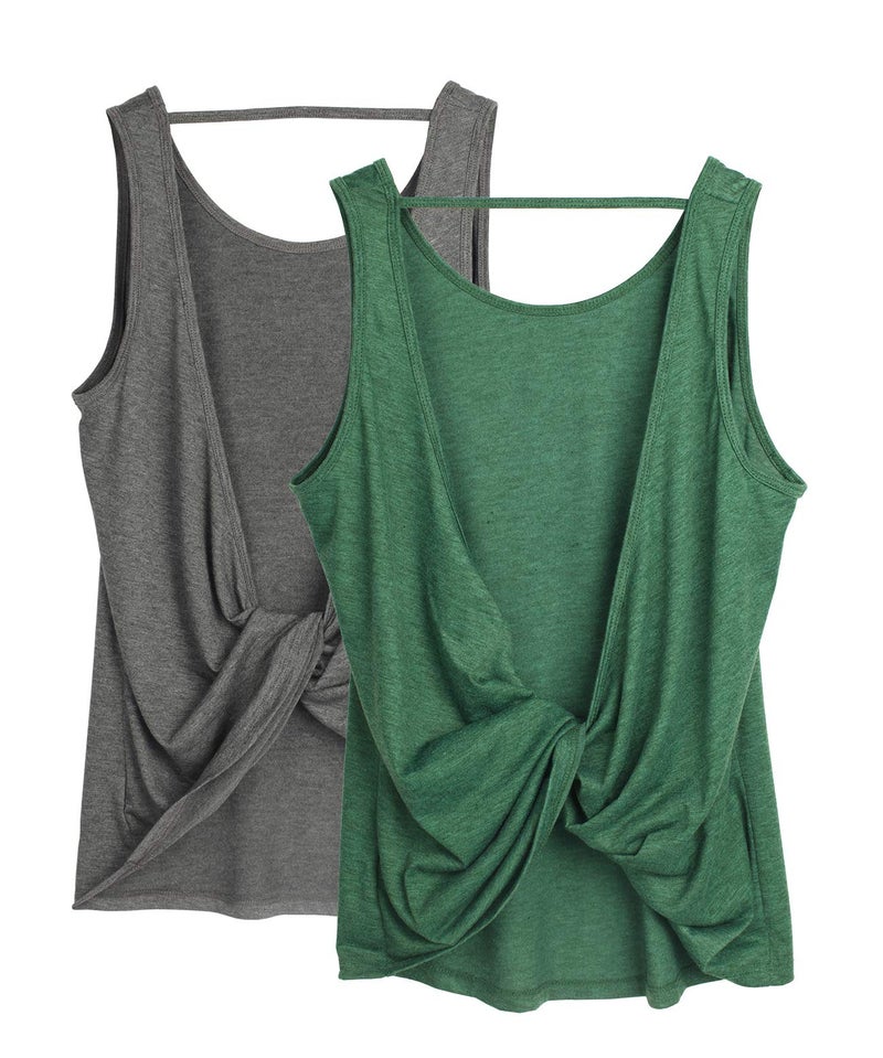 icyzone Workout Tank Tops for Women - Open Back Strappy Athletic Tanks, Yoga Tops, Gym Shirts(Pack of 2) (L, Charcoal/Army) - Image 1