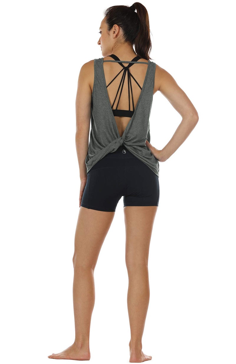 icyzone Workout Tank Tops for Women - Open Back Strappy Athletic Tanks, Yoga Tops, Gym Shirts(Pack of 2) (L, Charcoal/Army) - Image 2