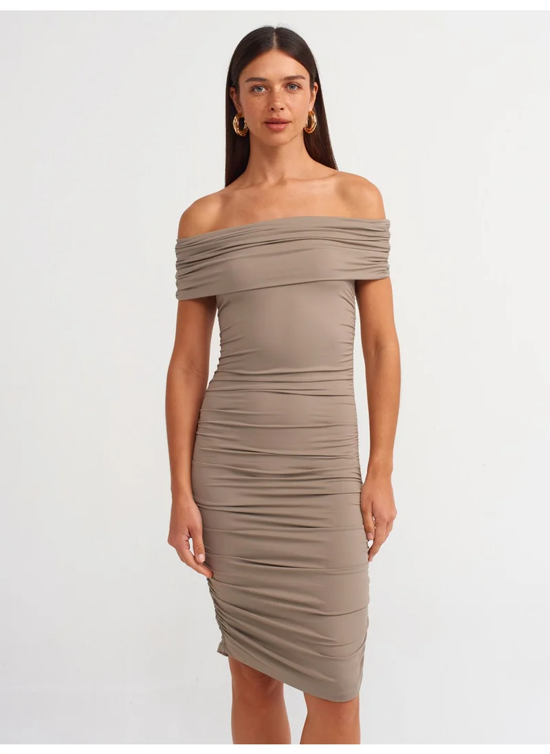 Dilvin 91153 Off Shoulders Gathered Mini Dress-Mink