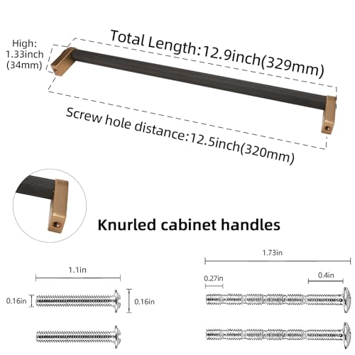 POVEFONK 10 Pack 1212 Inch 320mm Black and Champagne Bronze Kitchen Cabinet Handles Knurled Cabinet Pulls Black Drawer Pulls Kitchen Cabinet Hardware Handles Dresser Handles - Image 3