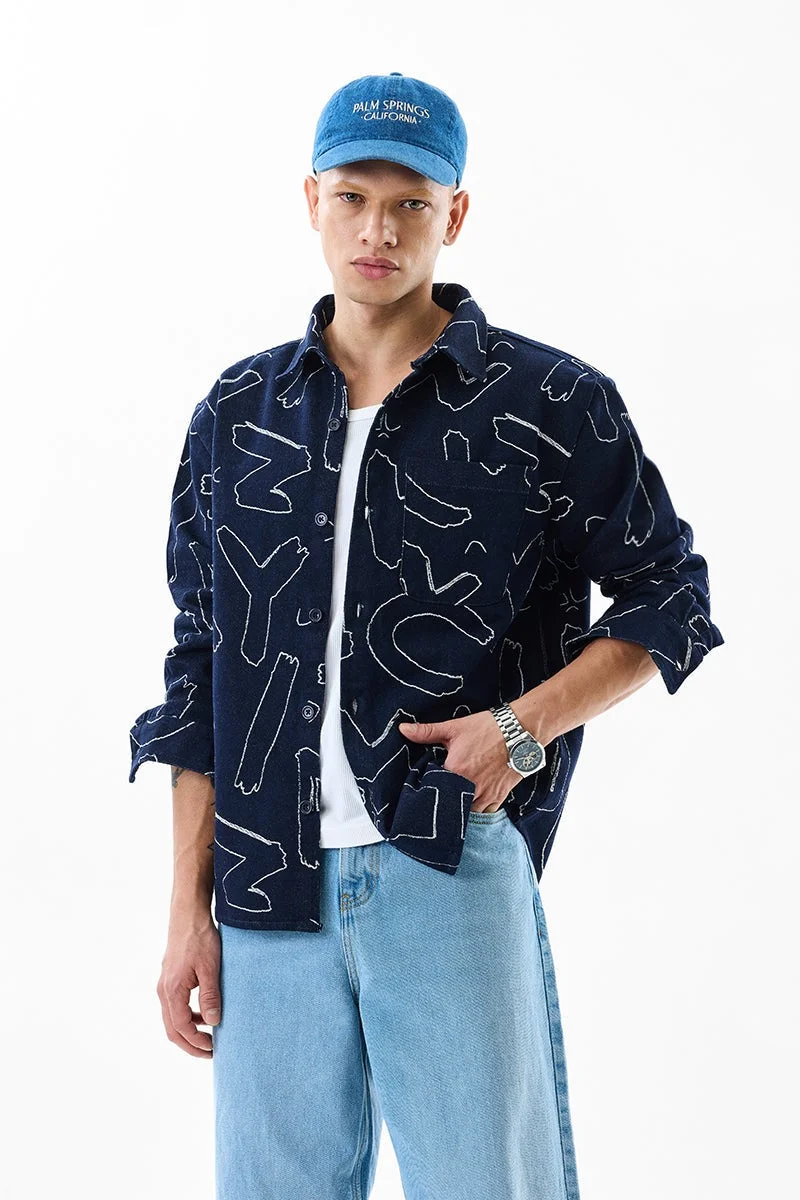 سنيتش Navy Blue Abstract Long Sleeve Relaxed Streetwear Overshirt