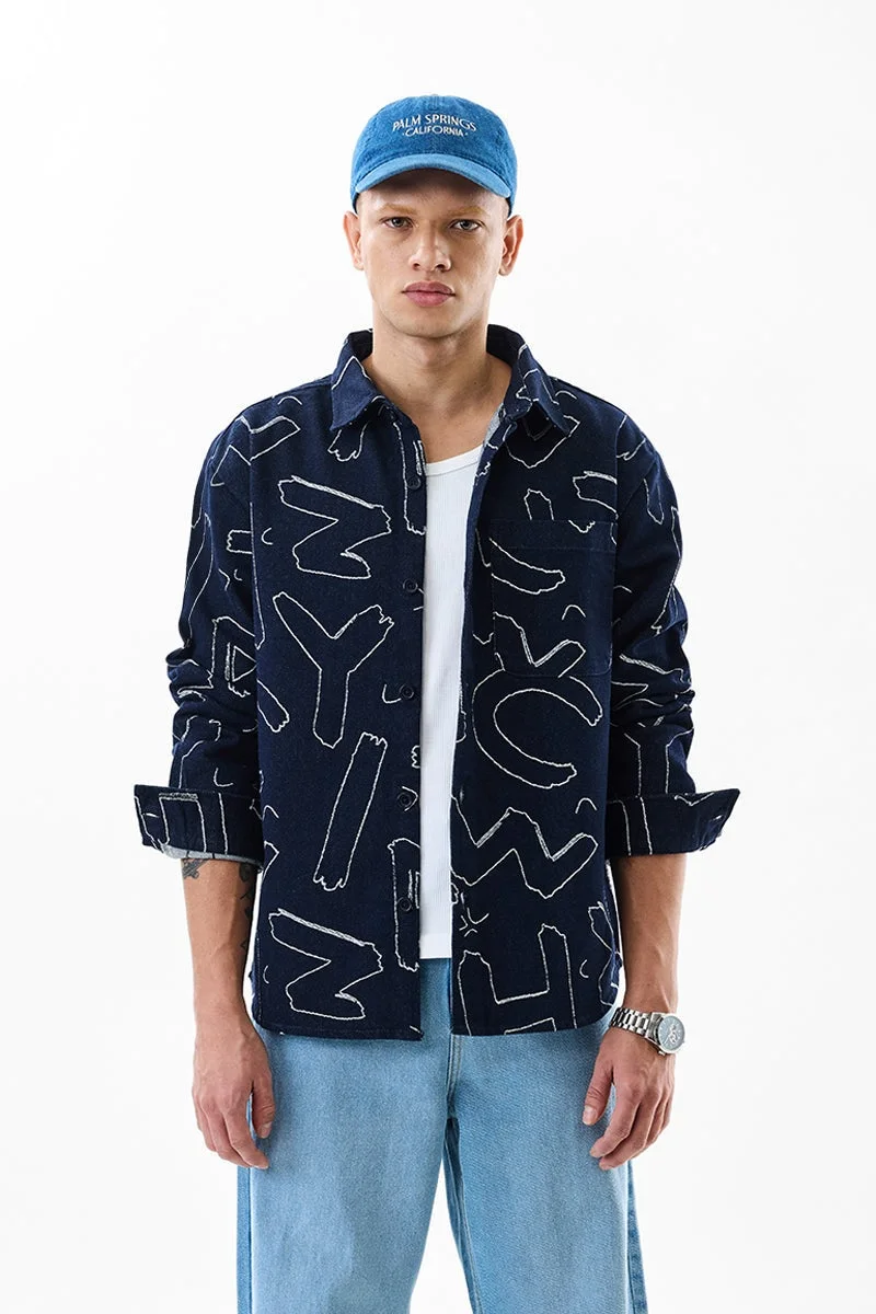 سنيتش Navy Blue Abstract Long Sleeve Relaxed Streetwear Overshirt
