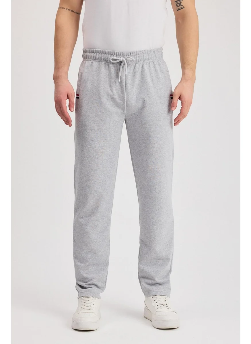 ميتاليك Gray Men's Zippered Pocket Embroidery Detailed Straight Leg Relaxed Cut Casual Sweatpants