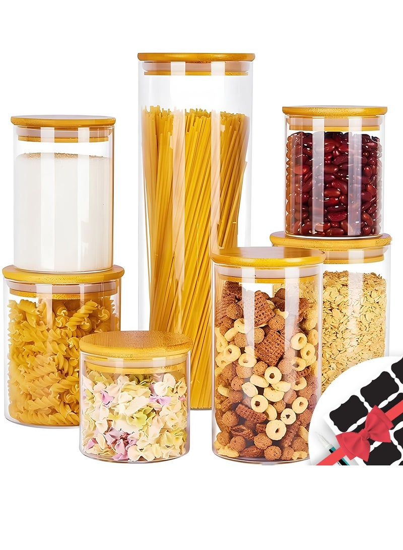 AMROAH 7 pcs Round Glass Storage Jar with Bamboo Lids, Stackable Clear Kitchen Canisters Containers 400-2200 ml with Airtight for Kitchen Storages Food Tea Coffee Spice Cookie Candy Herbs Grains - Image 1