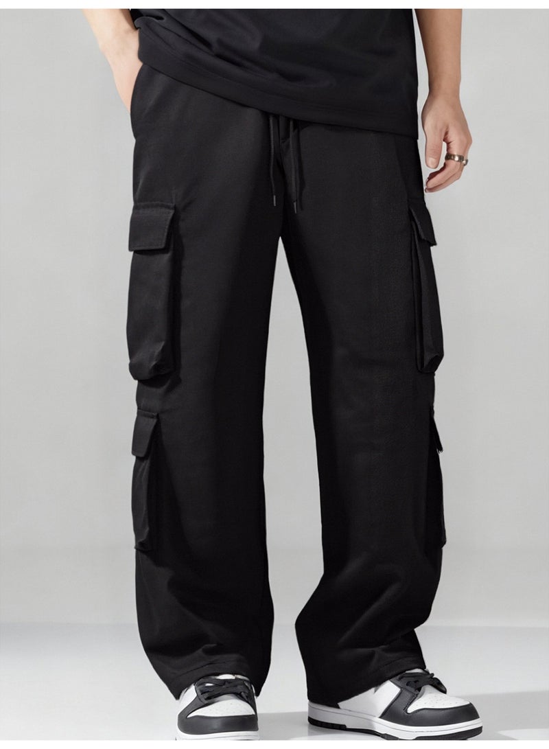 Men's Black Wide Leg Cargo Pants Multi Pocket Oversized Loose Fit Drawstring Trousers - Image 1