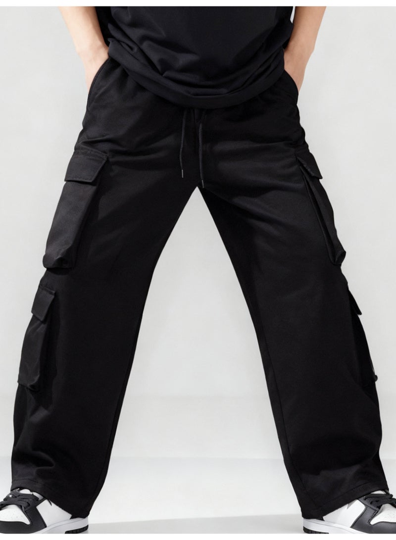 Men's Black Wide Leg Cargo Pants Multi Pocket Oversized Loose Fit Drawstring Trousers - Image 2