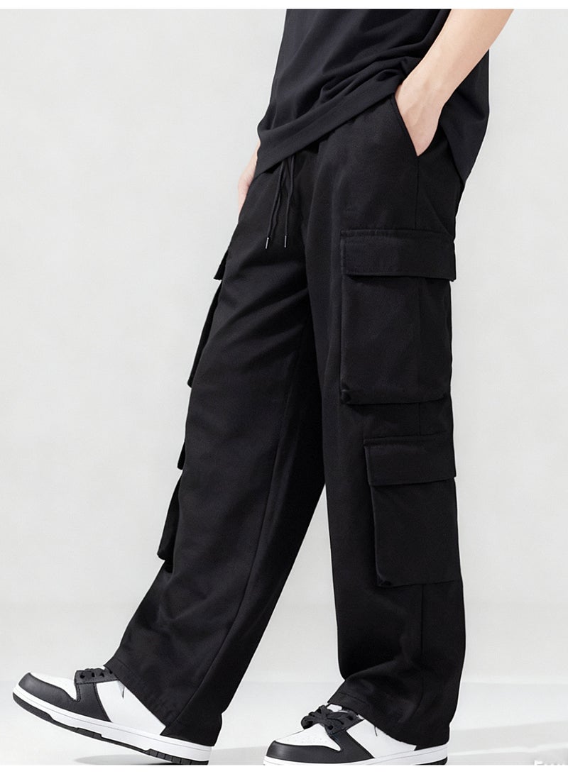 Men's Black Wide Leg Cargo Pants Multi Pocket Oversized Loose Fit Drawstring Trousers - Image 3
