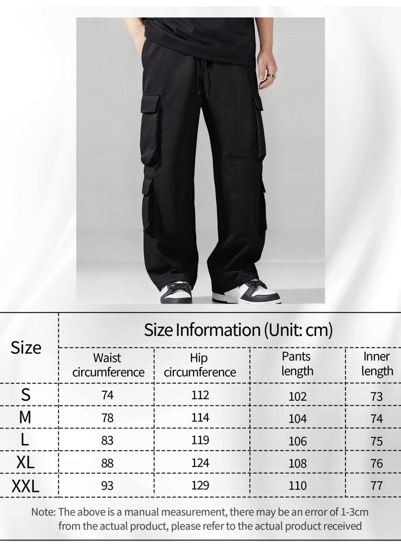 Men's Black Wide Leg Cargo Pants Multi Pocket Oversized Loose Fit Drawstring Trousers - Image 4