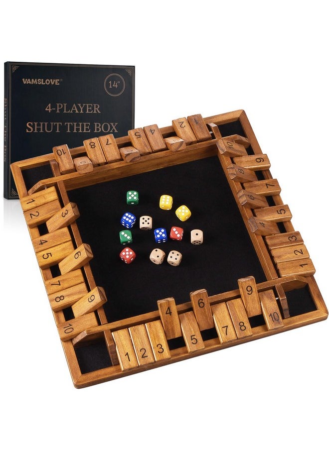 Vamslove Upgraded 14 Inch Shut The Box Dice Game 2-4 Player Wooden Close The Box Board 4-Sided 10 Number Math Games With 8+4 Dice For Kids And Adult-Instruction Included  - Image 1