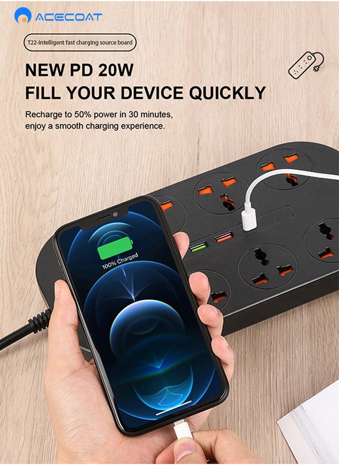 ACECOAT - Power Strip fast charger with USB, 8 AC Outlets & 3 USB Ports (5V/5A) & 1 Type-C Ports，3000W/16A, QC3.0+ PD 20W- Multi Function USB PLUG, for Smartphone Tablet Laptop Computer Multiple Devices - Image 1